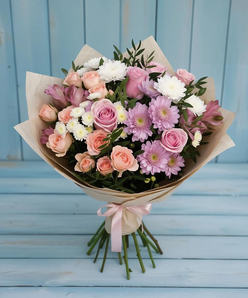 Букет цветов из: Хризантемы, Розы и Альстромерии в Ольгинка