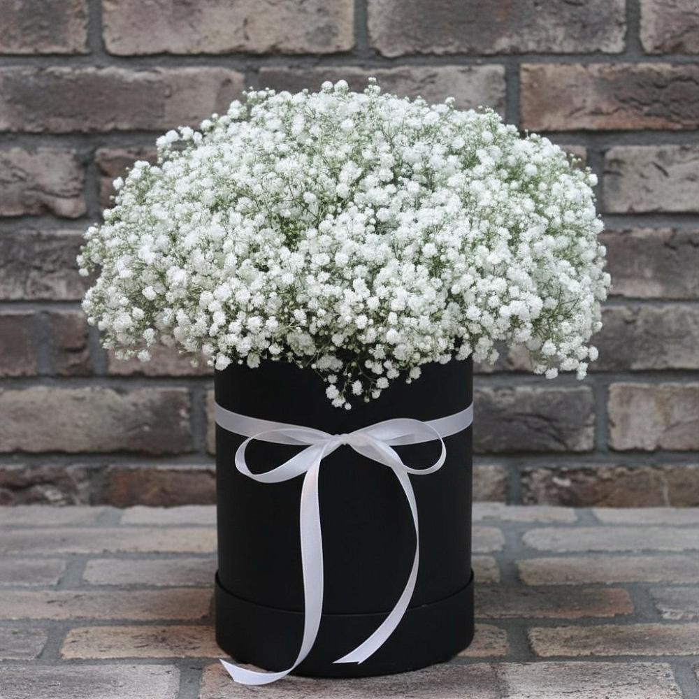 Цветочная композиция из Гипсофила в шляпной коробке в Ольгинка