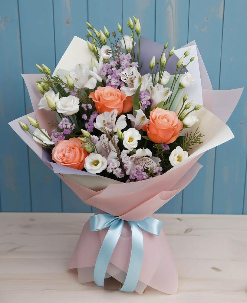 Букет цветов из: Лизиантусы, Розы, Альстромерии и Гипсофила в Ольгинка