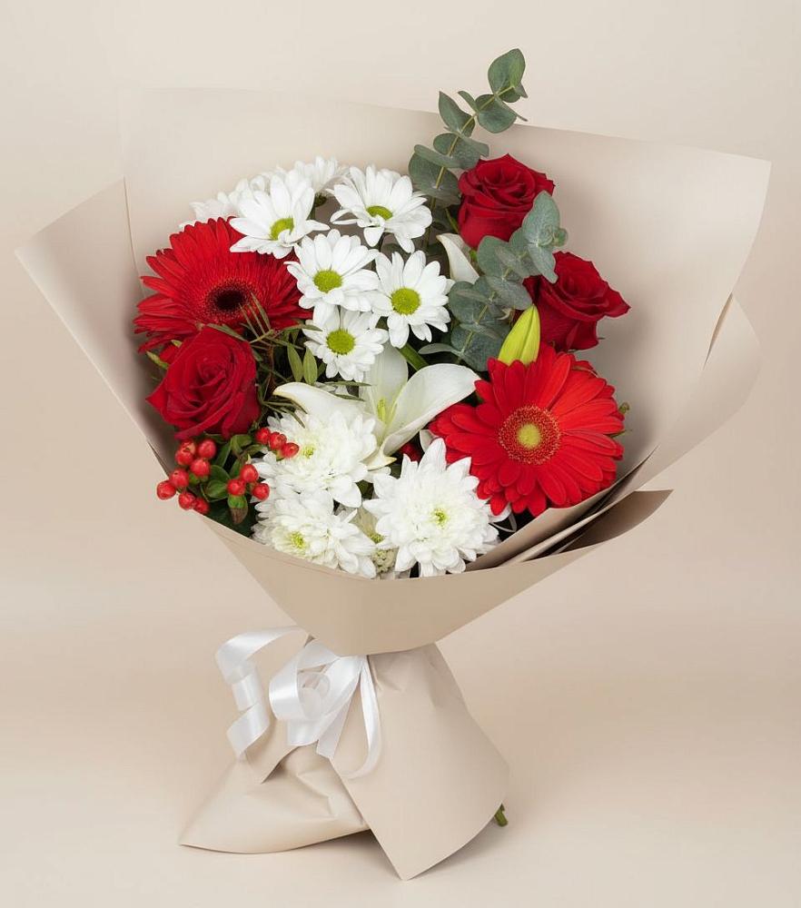 Букет цветов из: Розы, Хризантемы, Герберы и Лилии в Ольгинка