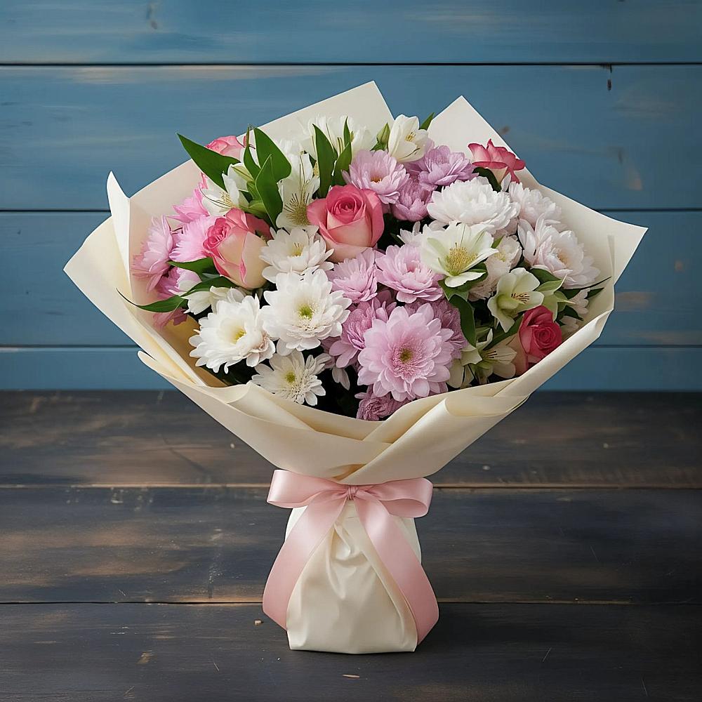 Букет цветов из: Хризантемы, Альстромерии и Розы в Ольгинка